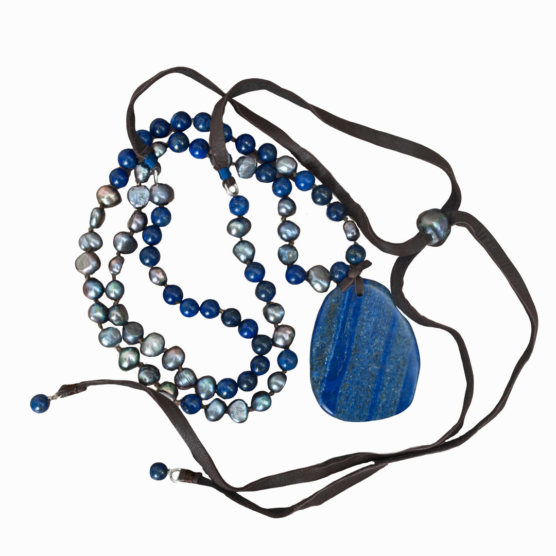 Necklace-artisan-crafted with lapis, grey freshwater pearls and genuine leather. Adjustable length.