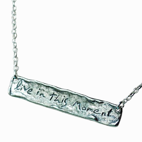 Sterling Silver Necklace-Bar with phrase live in this moment.