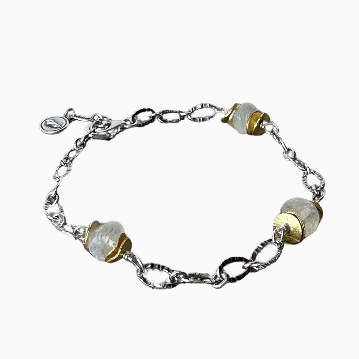 Sterling silver link bracelet with rainbow moonstone, gold plated copper accent beads. Shown with a white background