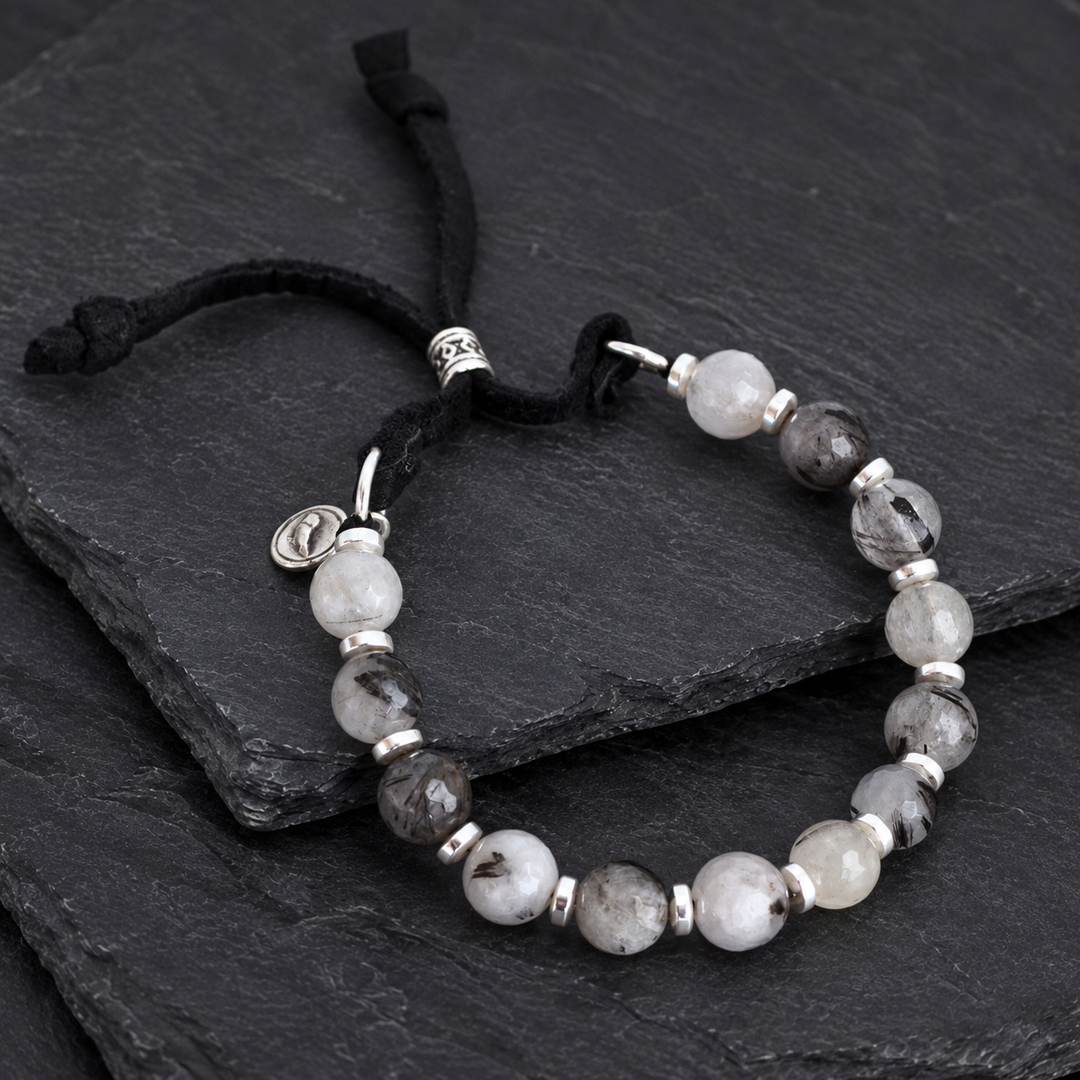 Harmonious Quartz Bracelet with black rutilated quartz, silver hematite and sterling silver accents on grey-brown slate