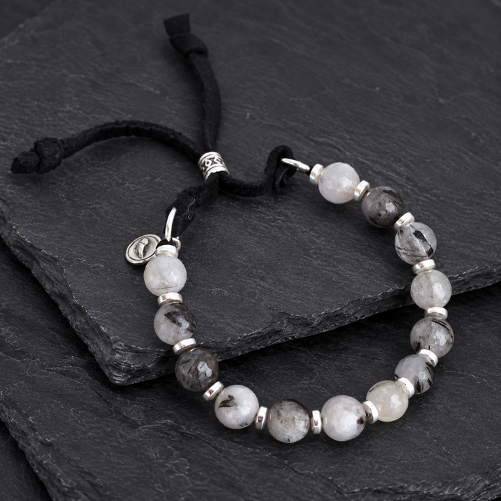 Harmonious Quartz Bracelet with black rutilated quartz, silver hematite and sterling silver accents on grey-brown slate