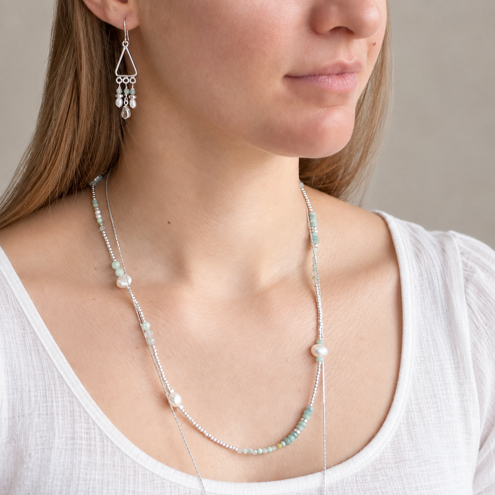 Model wearing the By the Sea amazonite and pearl convertible necklace.