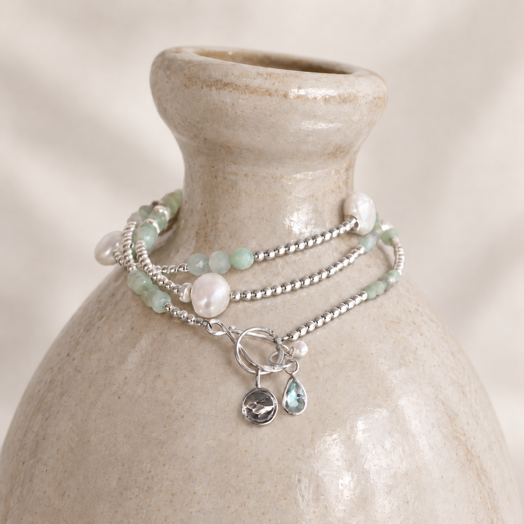 By the Sea convertible necklace with amazonite, chalcedony, aquamarine, freshwater pearls, silver hematite, and sterling silver details.