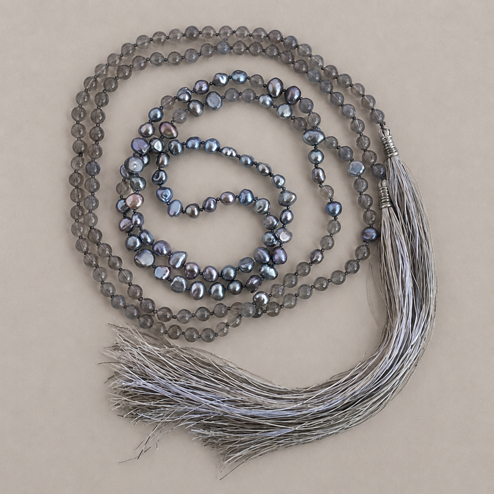 Shadyside lariat necklace with gray agate beads, peacock freshwater pearls, and variegated tassels.