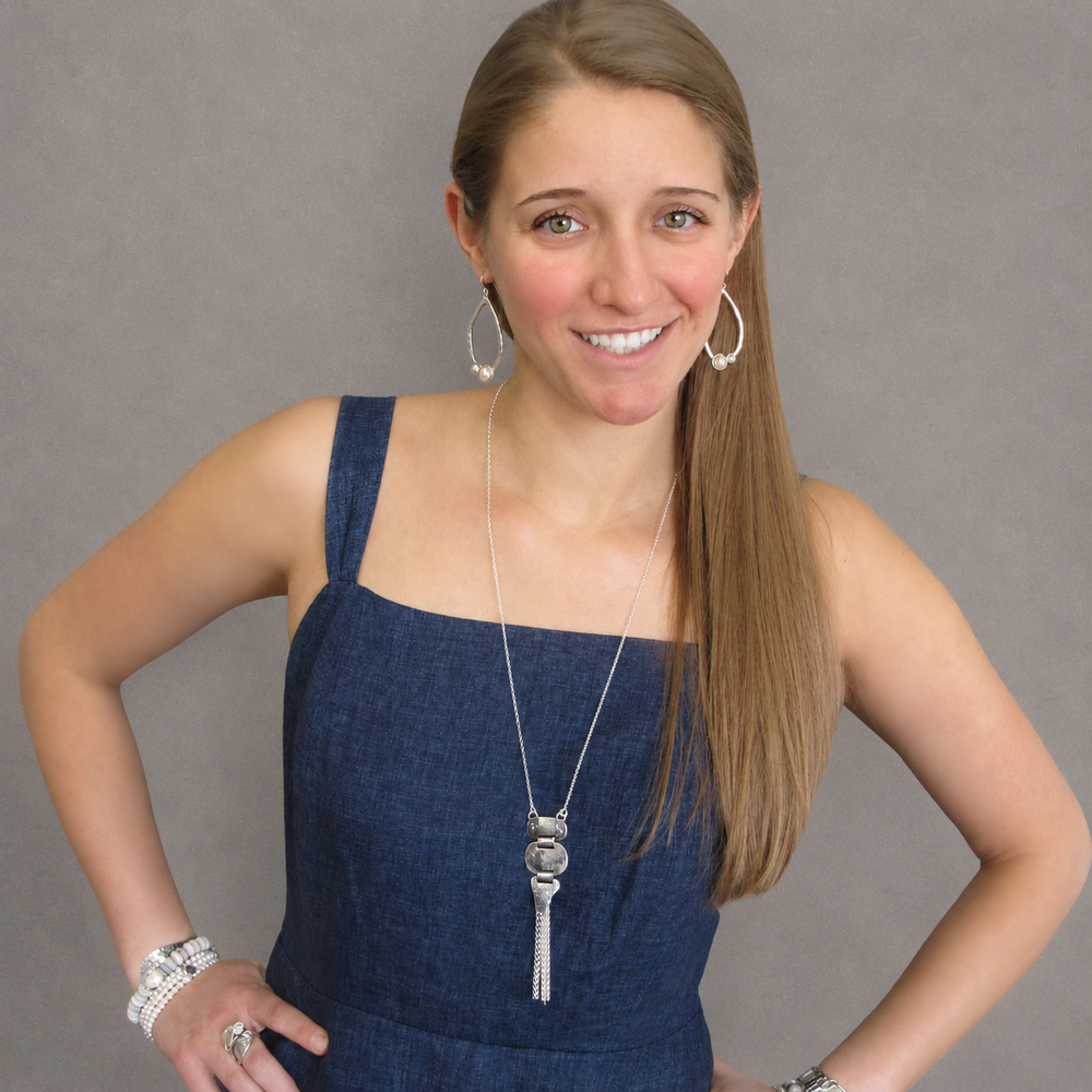 Meadowland Necklace N398, long sterling silver pendant necklace with textured geometric links and chain tassel worn with a navy dress.