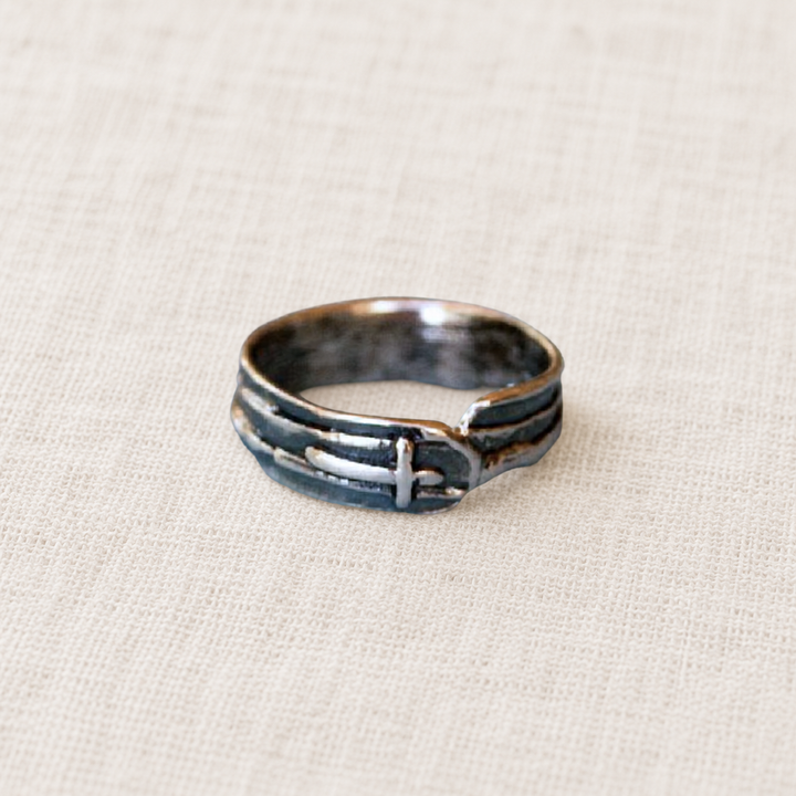 Simple Blessings sterling silver cross ring with sideways cross and oxidized artisan finish.