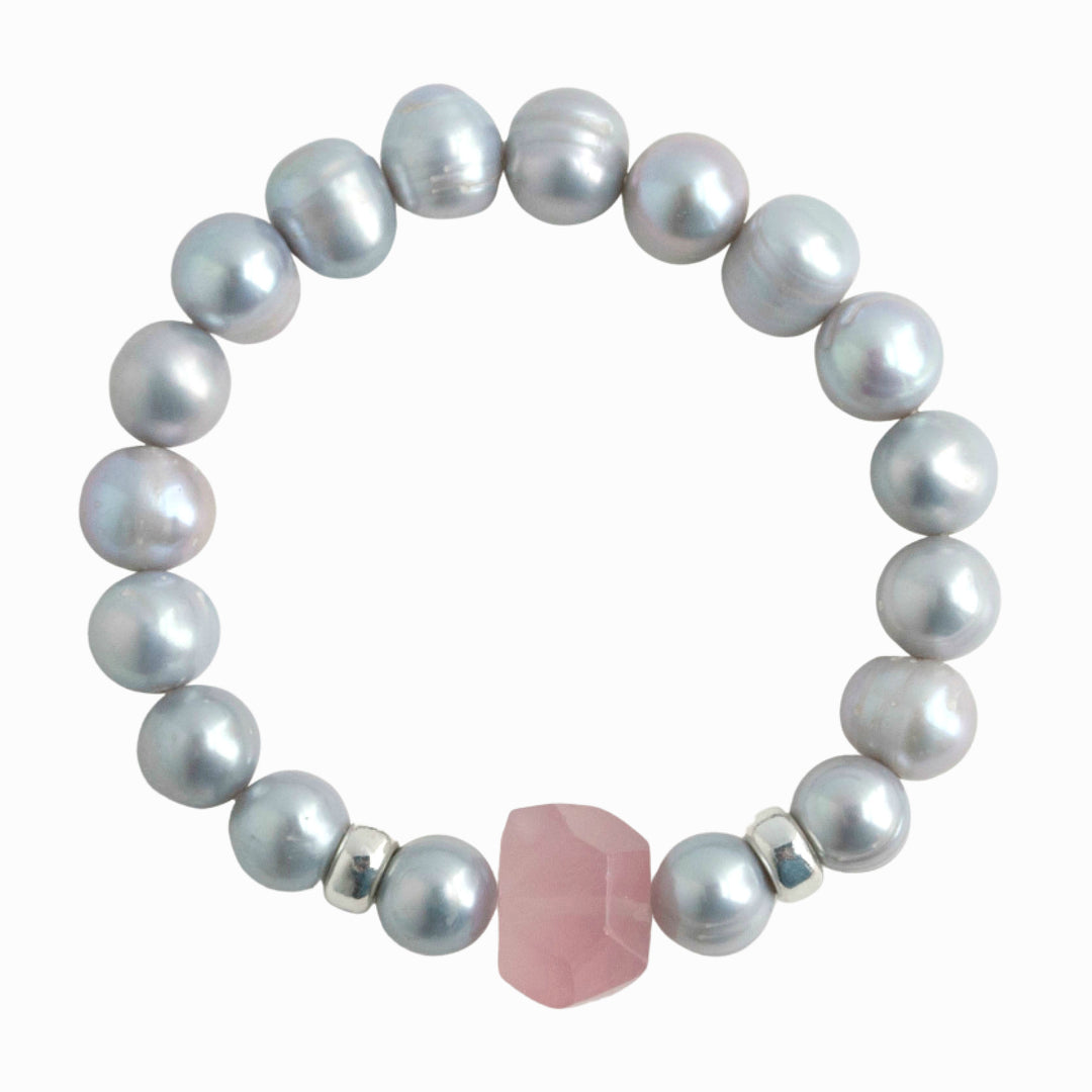 Stretch Bracelet- grey freshwater pearls with a faceted chunk of rose quartz and silver accent beads. RockHill Exclusive.Alternative view, shown from above. 