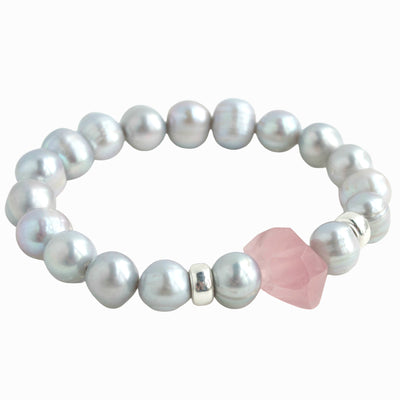 Stretch Bracelet- grey freshwater pearls with a faceted chunk of rose quartz and silver accent beads. RockHill Exclusive.