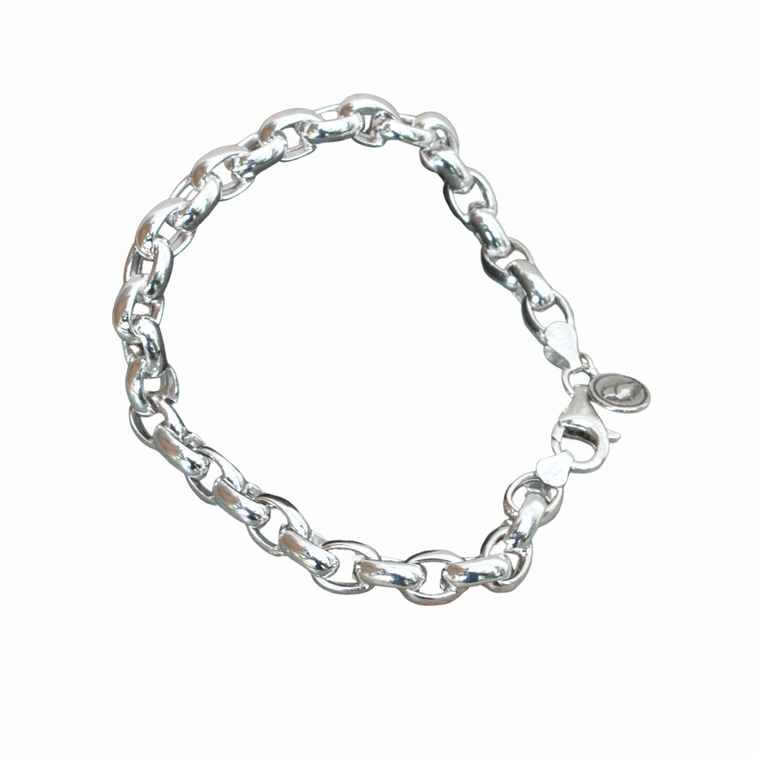 A sterling silver chain link design bracelet with a lobster clasp closure. Shown from above on a white background. 