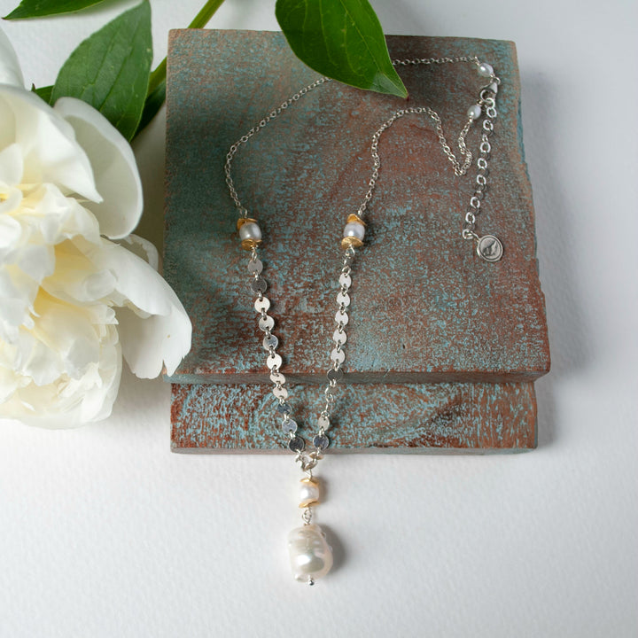 Baroque pearl necklace with sterling silver sequin chain, 22k gold plated accent beads. Shown in full with a 2" extender.