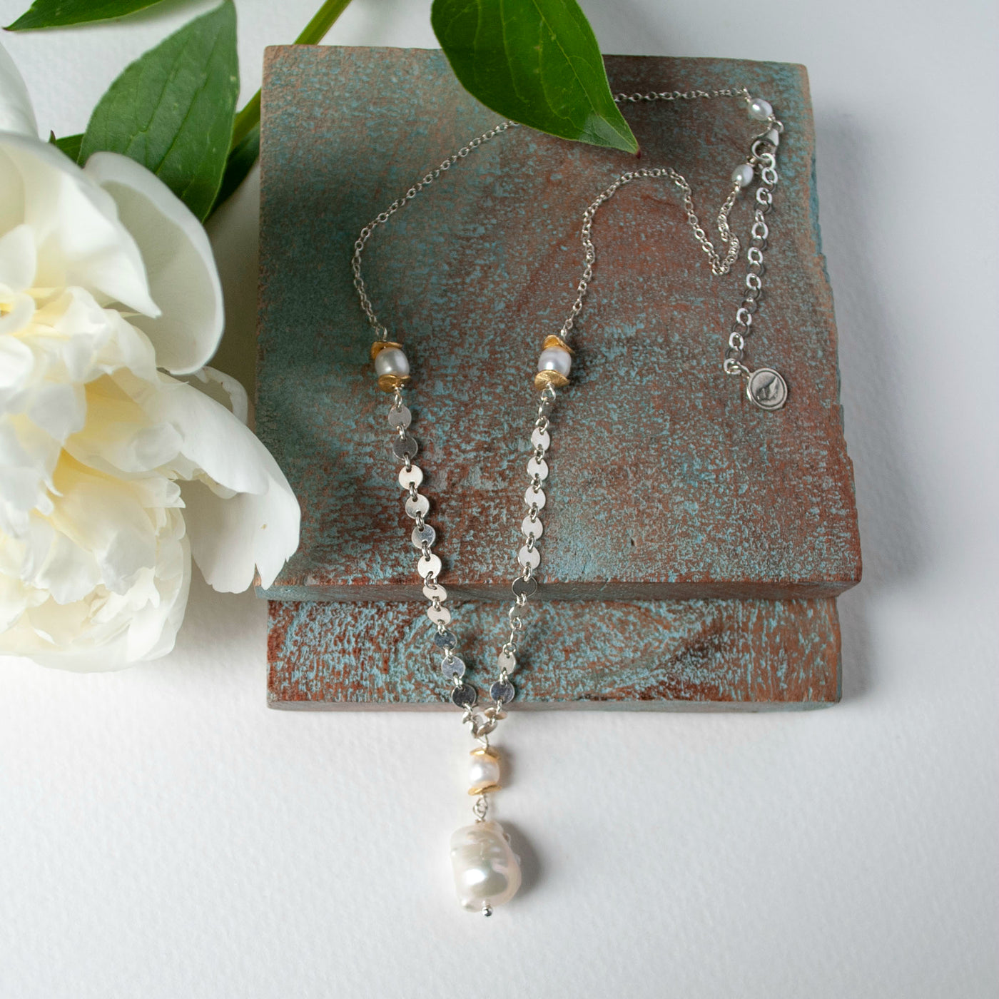 Baroque pearl necklace with sterling silver sequin chain, 22k gold plated accent beads. Shown in full with a 2" extender.