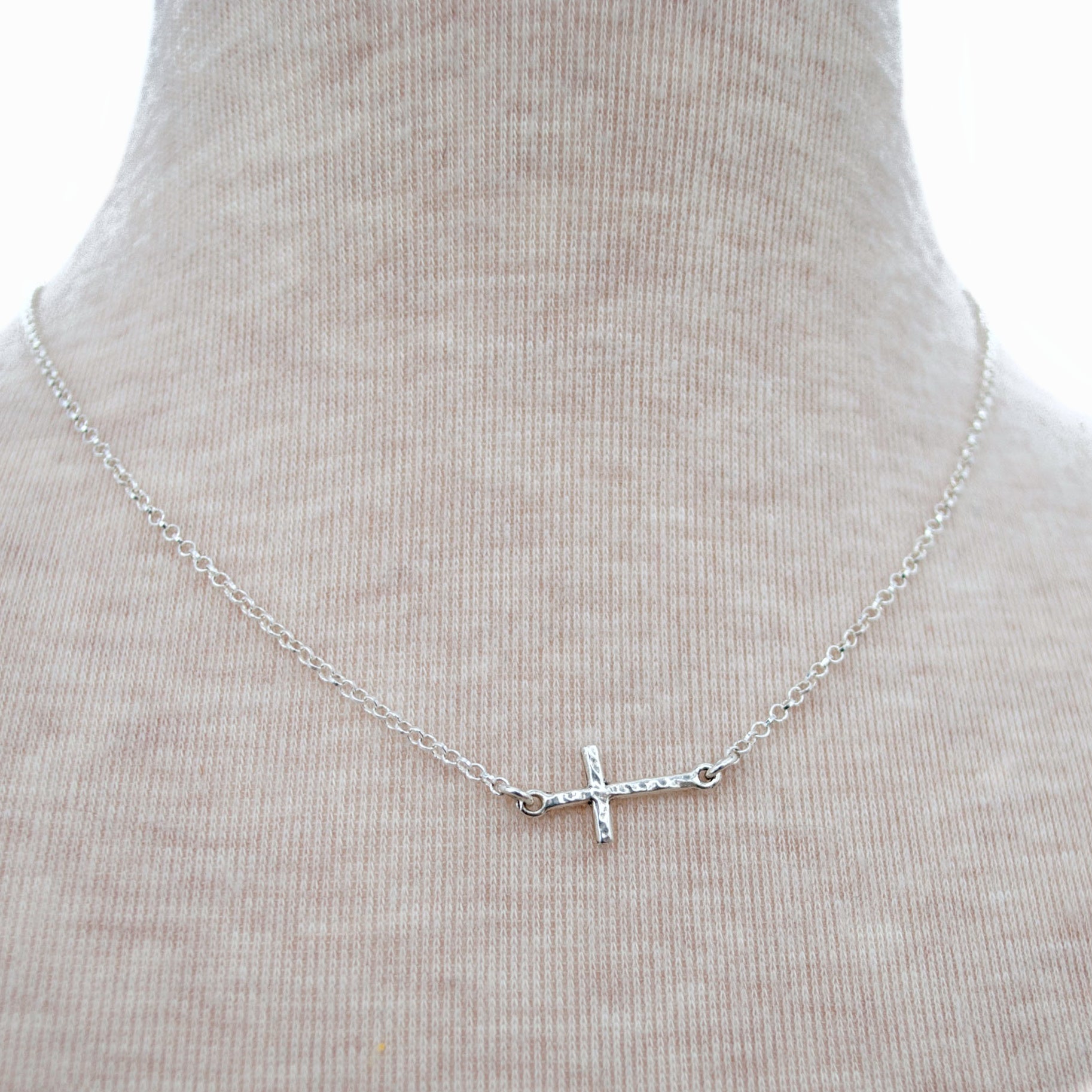 14K White Gold Sideways CROSS Necklace, Station Diamond Pendant, Religious  Christian Jewelry Gift
