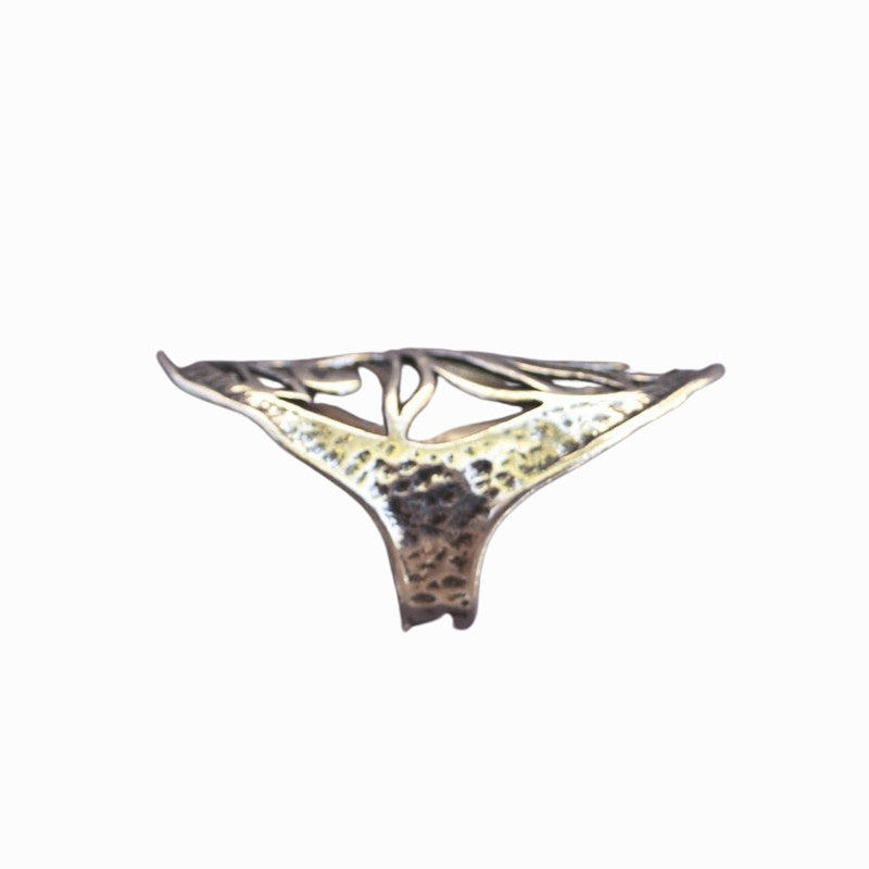 A sterling silver ring with intricate open scroll work, slightly oxidized for depth and detail, is shown from the side and top to bottom on a white background. 