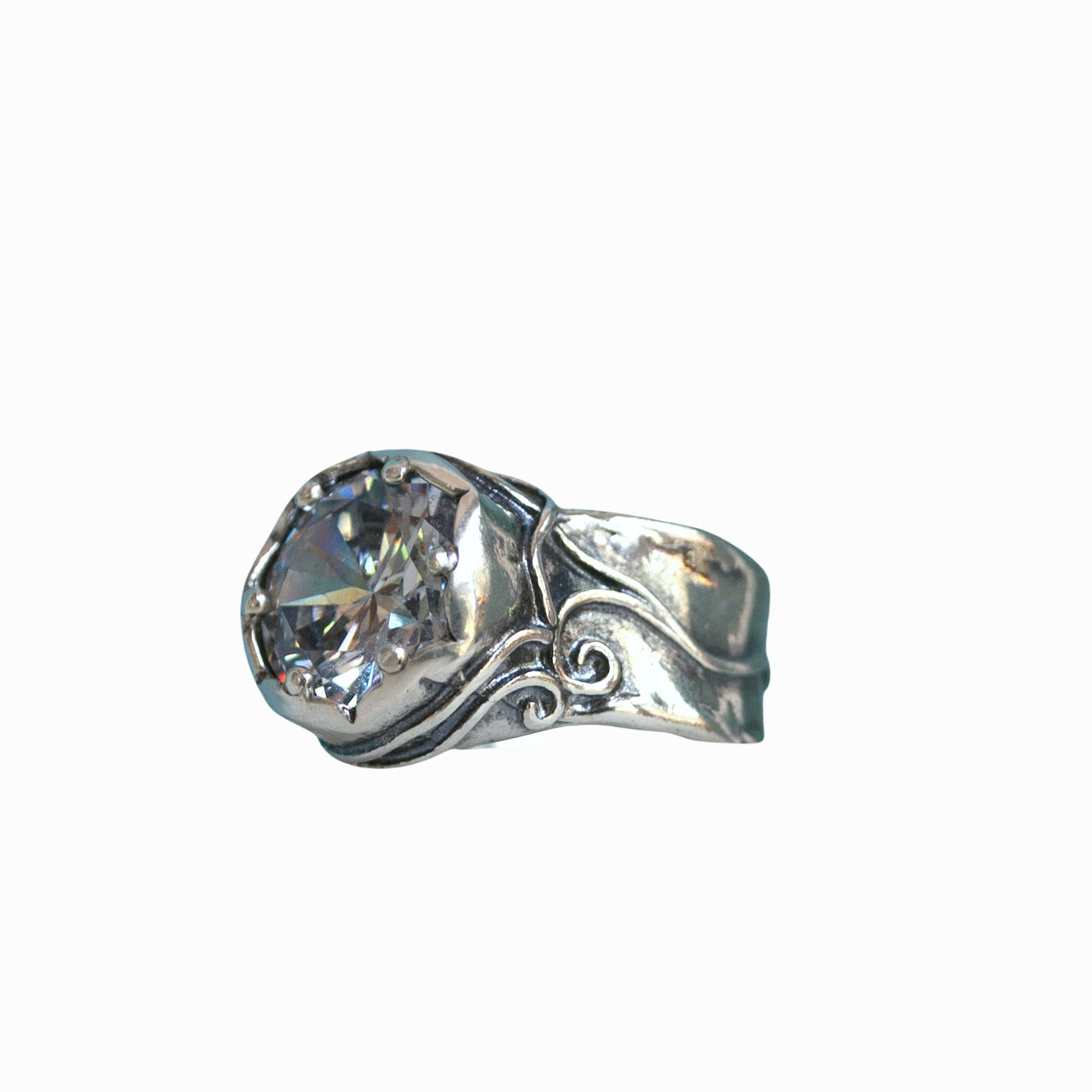 Silver Ring with large clear cz- artisan-crafted of .925 sterling silver. Whole sizes 5-10. Alternative side view