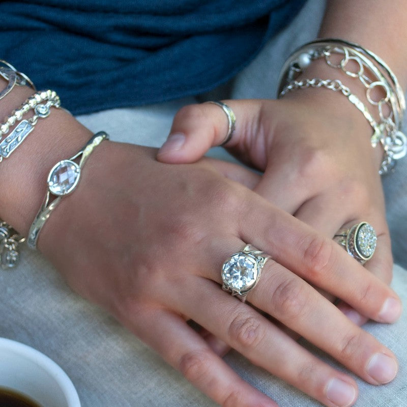 Silver Ring with large clear cz- artisan-crafted of .925 sterling silver. Whole sizes 5-10. Shown on a model.