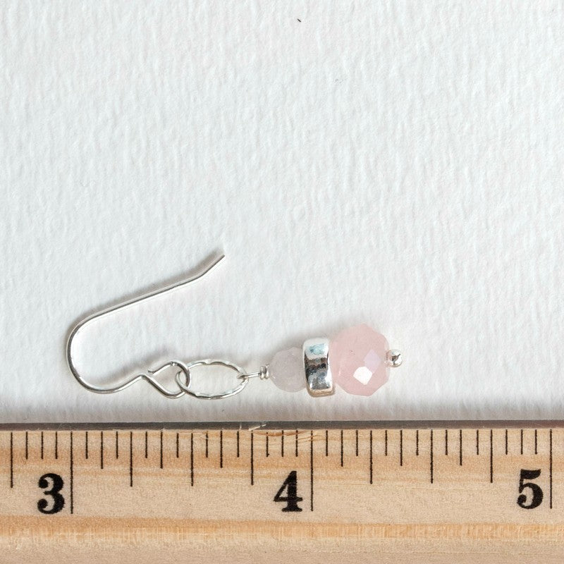 Earrings-dainty sterling silver earrlings dangle with rose quartz and pink African opals. 1 1/2" long. Shown by a ruler.