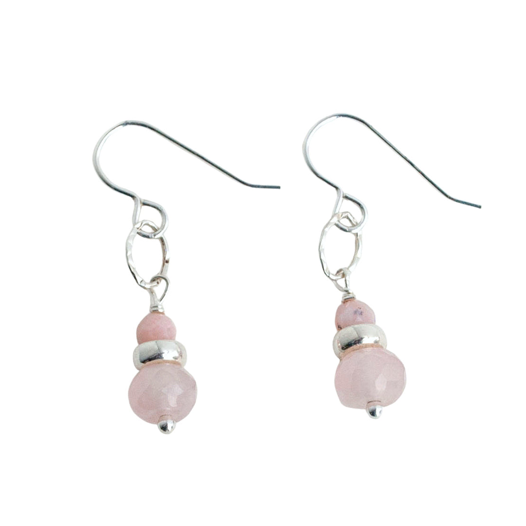 Earrings-dainty sterling silver earrlings dangle with rose quartz and pink African opals. 1 1/2" long.