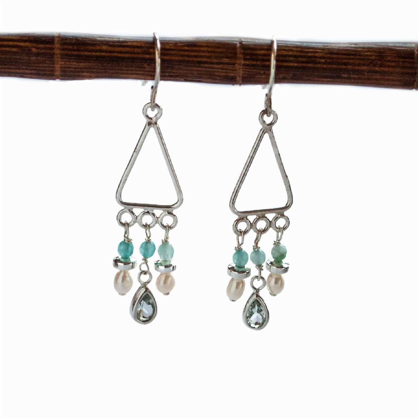 Earrings-Sterling silver chandeliers with drops of aquamarine, fresh water pearl and aqua chalcedony..