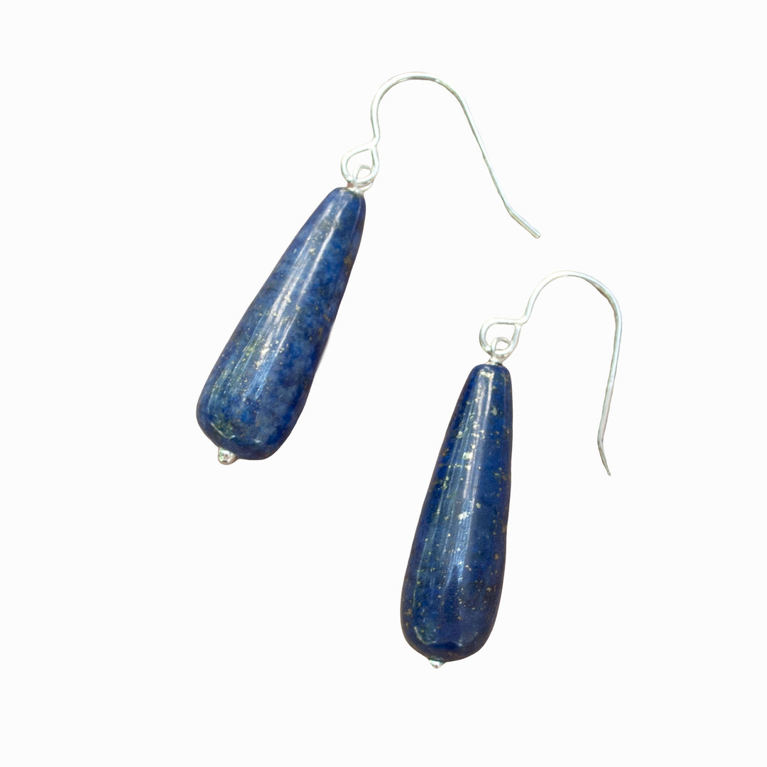 Silver earrings with long tear drops of lapis on .925 sterling silver French Earwires. RockHill Exclusive