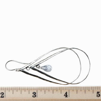 Silver Dangle Earrings- Large with double sterling silver tear-shaped drops. Features a dainty faceted clear cz within. Artisan-crafted, quality sterling silver earrings. Shown by a ruler-2 3/4" long.