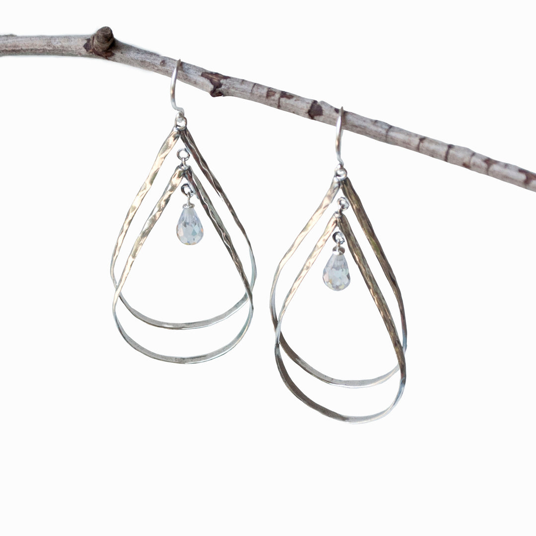 Silver Dangle Earrings- Large with double sterling silver tear-shaped drops. Features a dainty faceted clear cz within. Artisan-crafted, quality sterling silver earrings. 